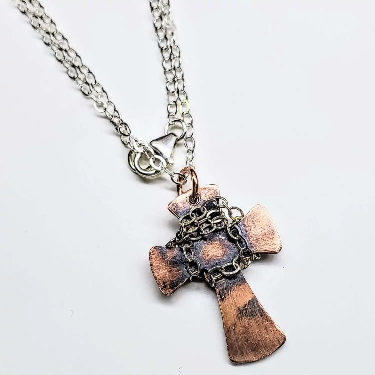 Chained Hammered Copper Cross Necklace for Him or Her