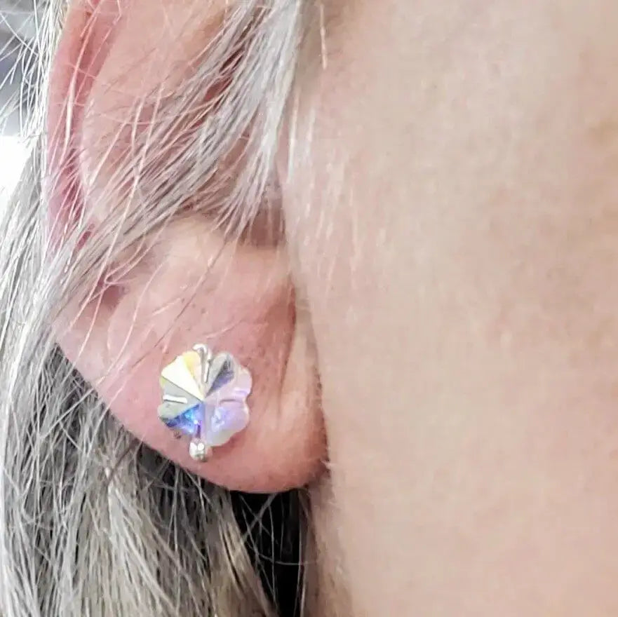 8mm Crystal Clover Silver Spiral Ear Studs