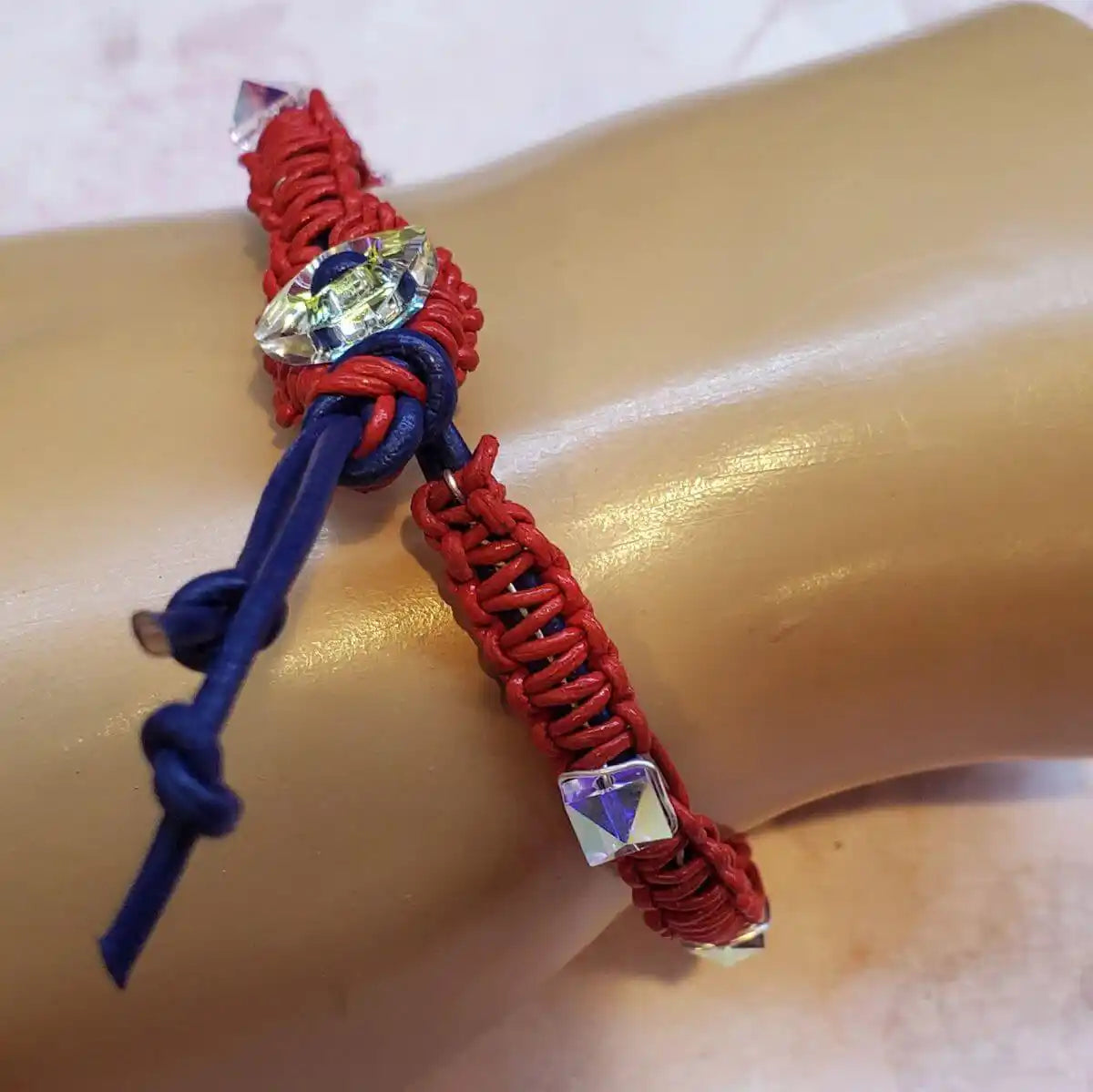 Red White and Blue Macrame Wire Wrap Crystal Spike Bracelet