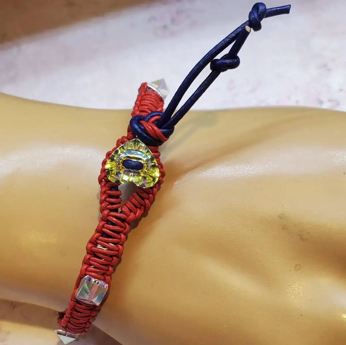 Red White and Blue Macrame Wire Wrap Crystal Spike Bracelet