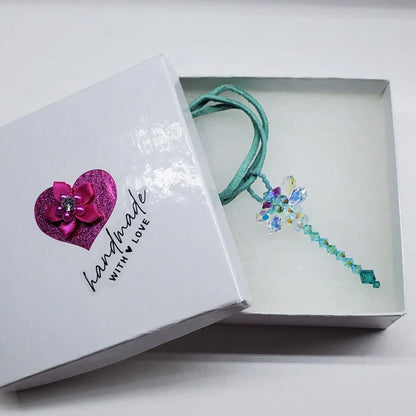 Beaded 3-D Rearview Mirror Colored Crystal Dragonfly Charms
