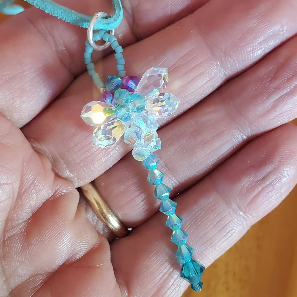Beaded 3-D Rearview Mirror Colored Crystal Dragonfly Charms