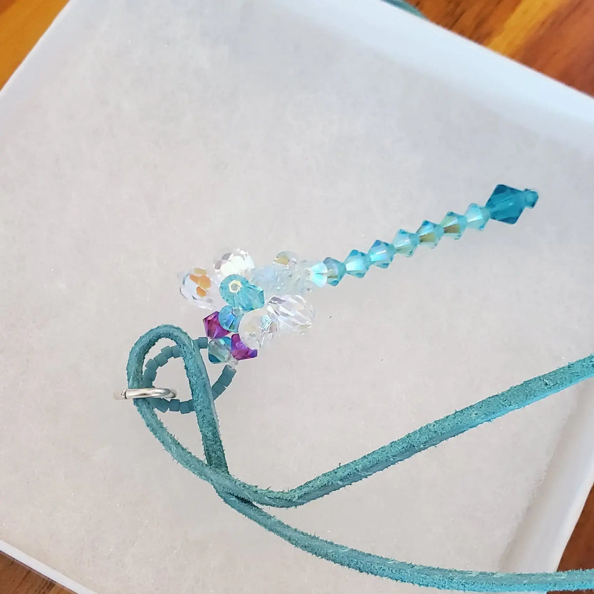 Beaded 3-D Rearview Mirror Colored Crystal Dragonfly Charms