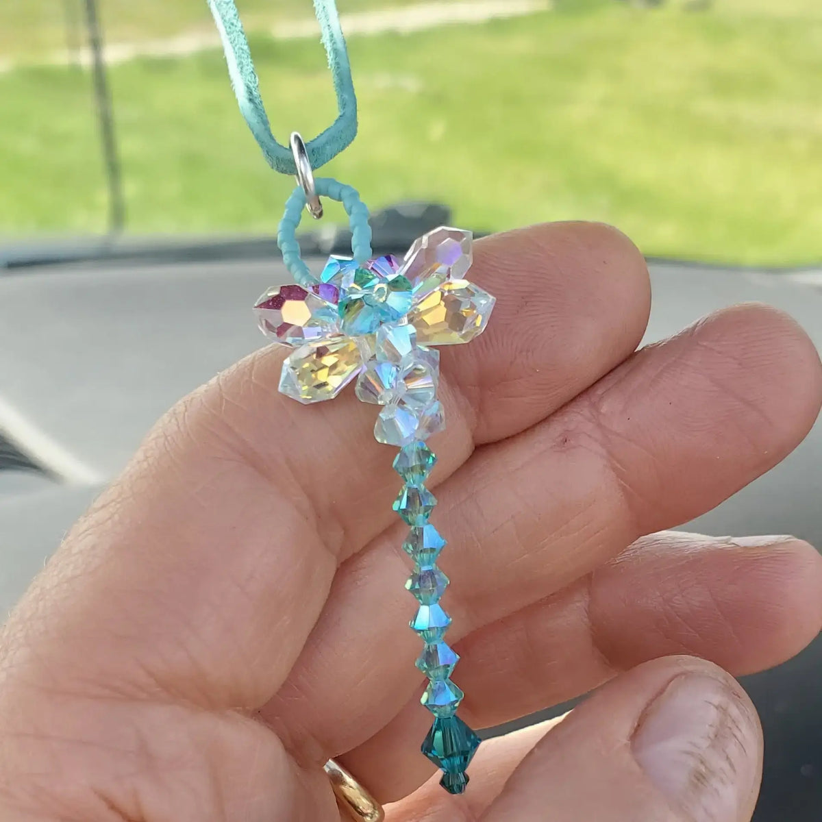 Beaded 3-D Rearview Mirror Colored Crystal Dragonfly Charms