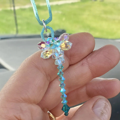 Beaded 3-D Rearview Mirror Colored Crystal Dragonfly Charms
