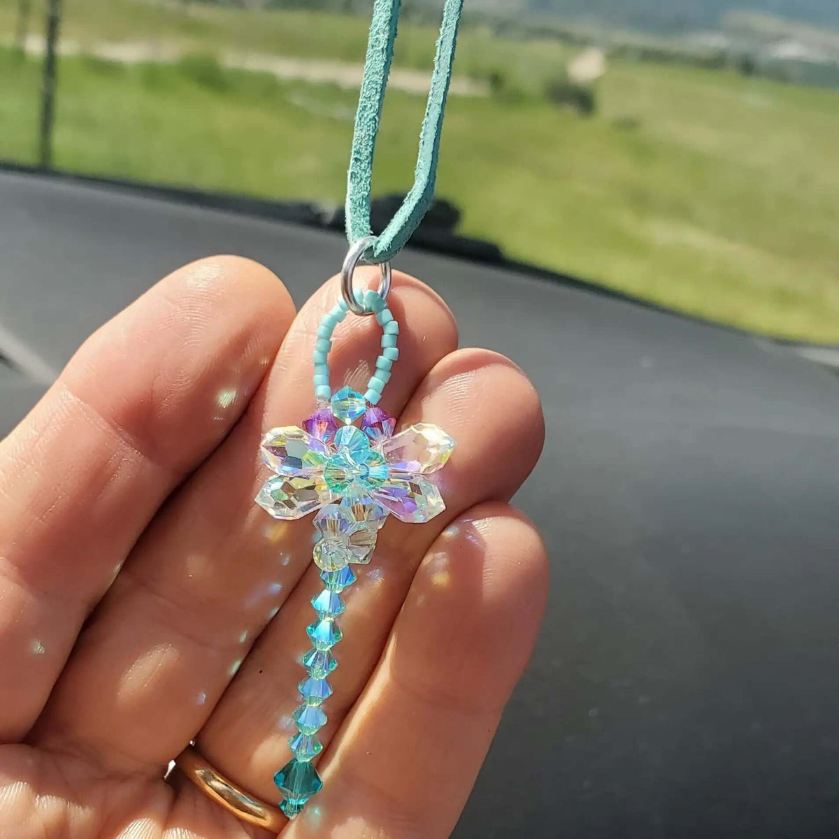 Beaded 3-D Rearview Mirror Colored Crystal Dragonfly Charms