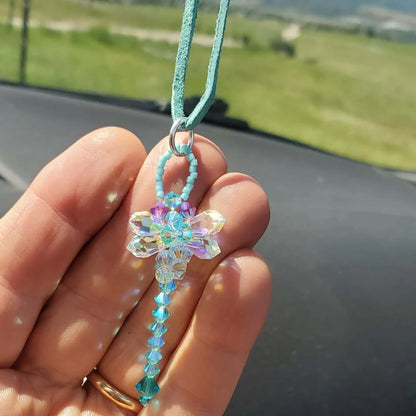 Beaded 3-D Rearview Mirror Colored Crystal Dragonfly Charms