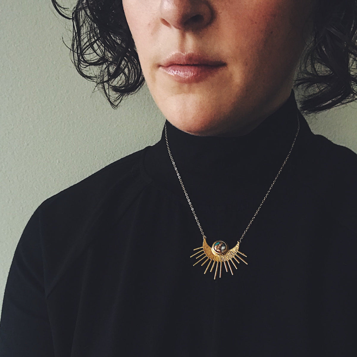 Sun Goddess Necklace - Sun Pendant With Copper Oyster Turquoise