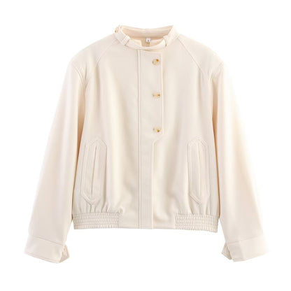 Women's Jacket Off-White Cream Faux Leather BYMANYC ® New York SOHO HIGH COLLAR LEATHERETTE BOMBER - New Collection