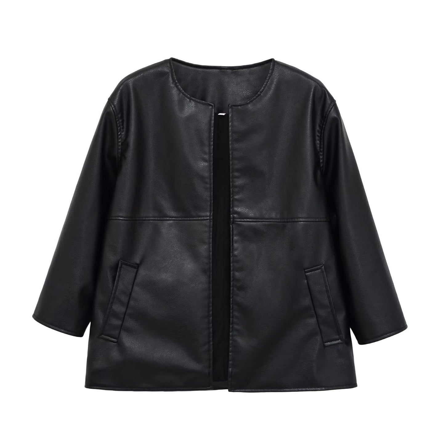 Women's Collarless Faux Leather Open-Front Jacket BYMANYC ® New York CONTEMPORARY VIBRANT MODERN FASHION - New Collection