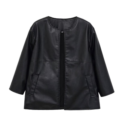 Women's Collarless Faux Leather Open-Front Jacket BYMANYC ® New York CONTEMPORARY VIBRANT MODERN FASHION - New Collection