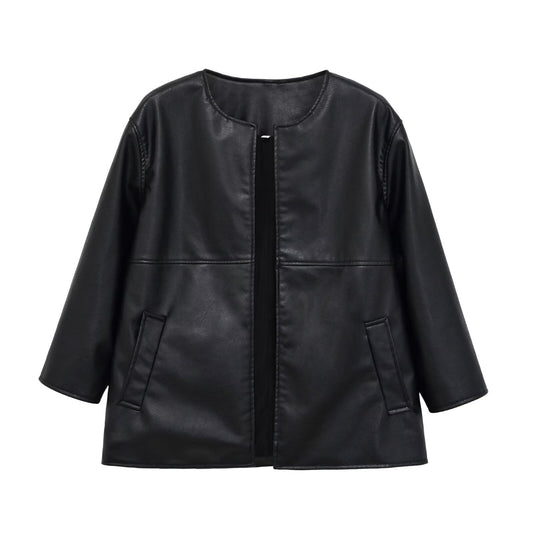 Women's Collarless Faux Leather Open-Front Jacket BYMANYC ® New York CONTEMPORARY VIBRANT MODERN FASHION - New Collection