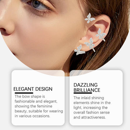 Hoexe Shiny Bow Ear Clip Diamond-Encrusting Butterfly Niche Ear Clip Fashion Everything Temperament No Piercing Ear Clip