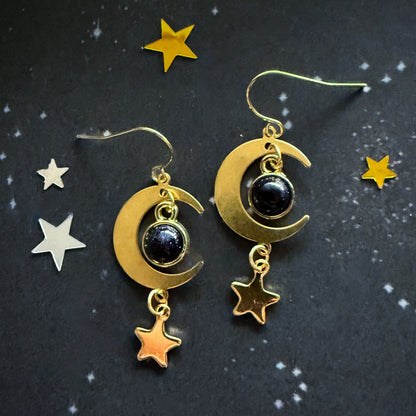 Starlit Crescent Earrings With Blue Sandstone