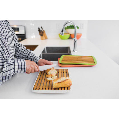 Bamboo Wood Cutting Board Lid W/ Drop-Through Crumb Spaces; on Bamboo Fibre Large Serving Tray White