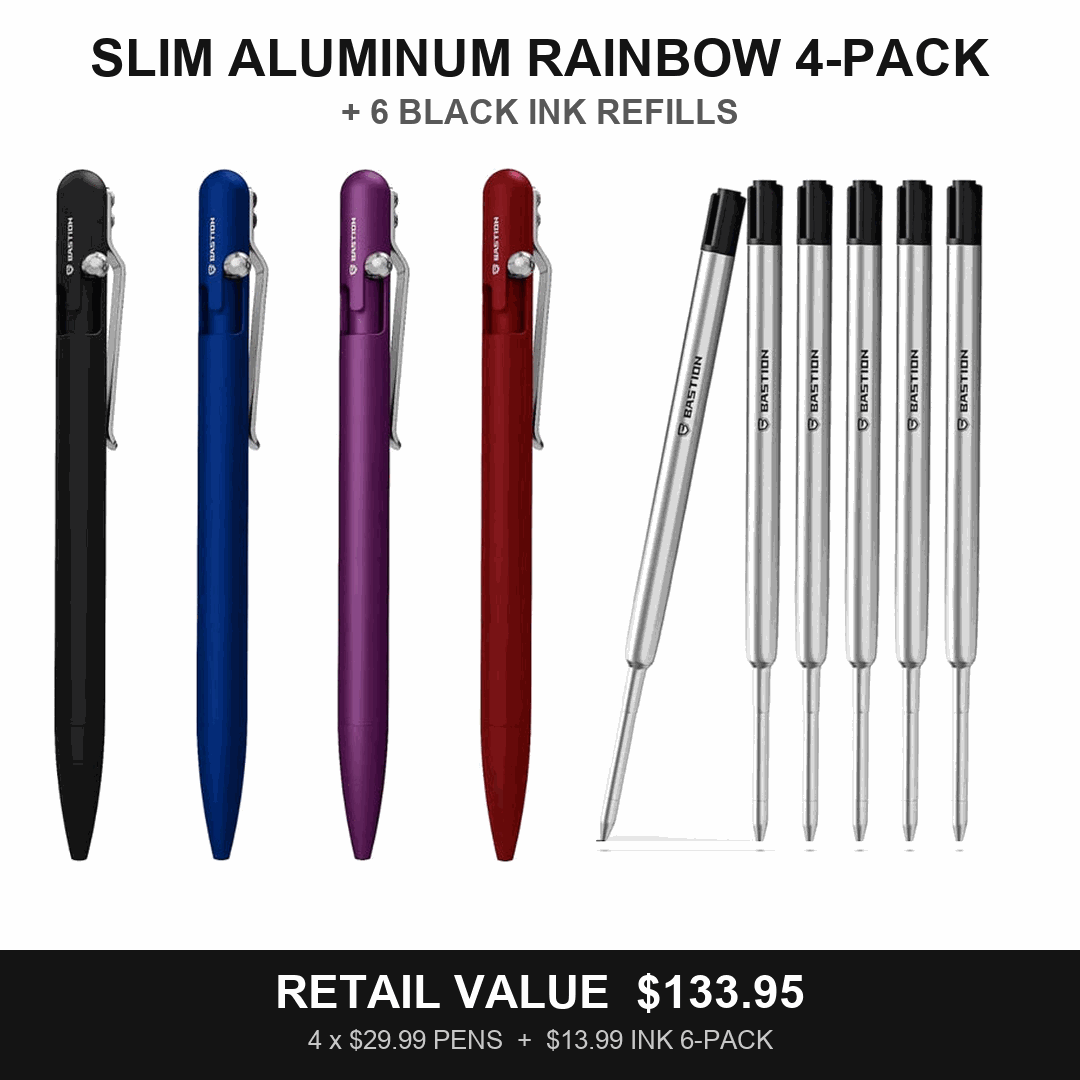 Slim Aluminum Rainbow 4-Pack + Black Oil Ink Refill 6-Pack