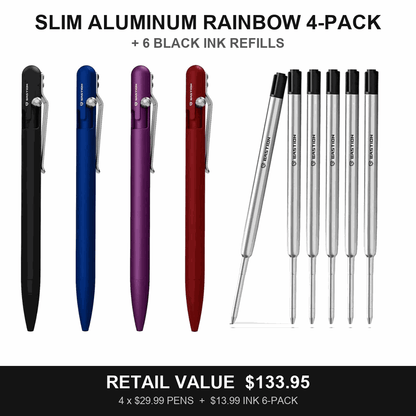 Slim Aluminum Rainbow 4-Pack + Black Oil Ink Refill 6-Pack