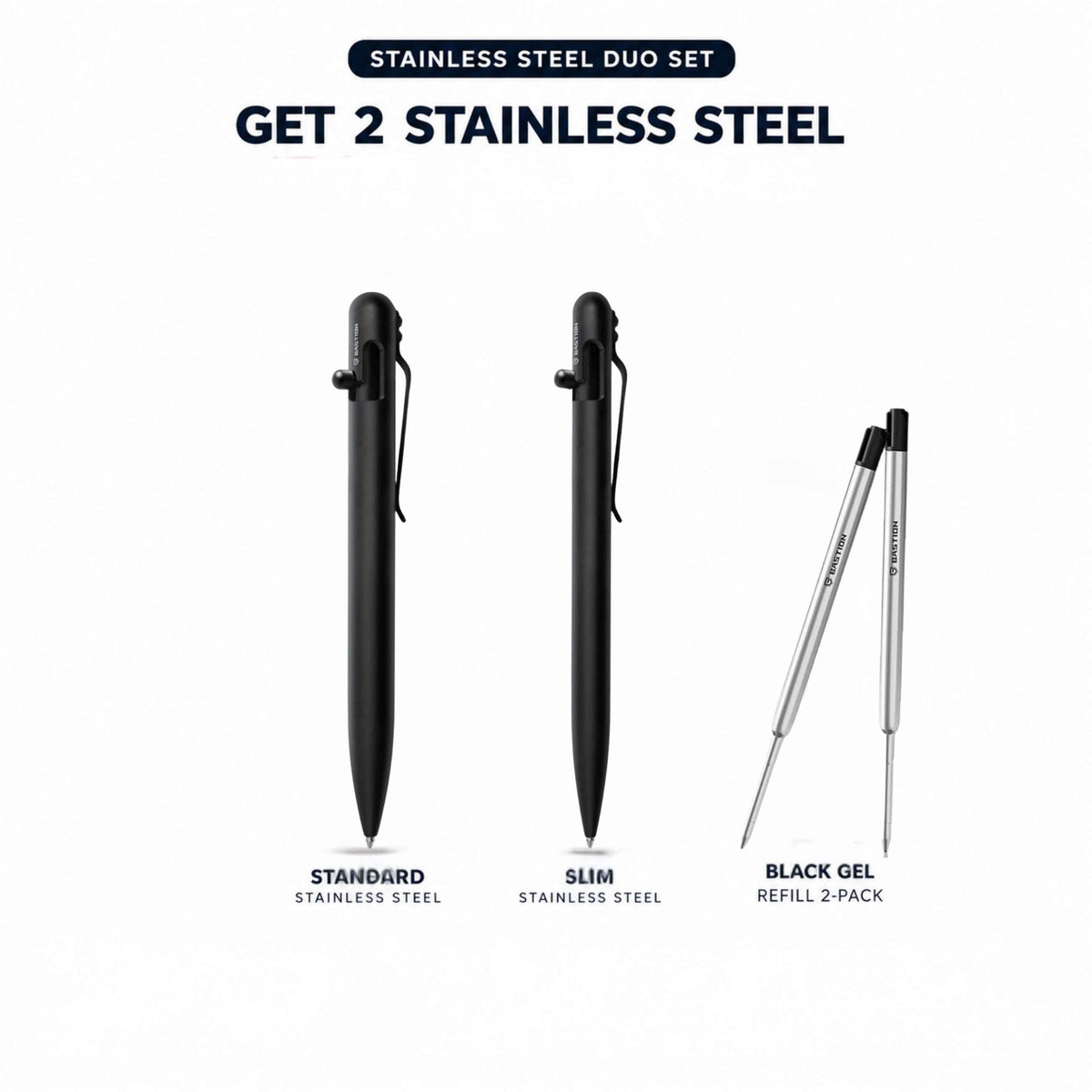Black Stainless Duo - Standard SS+ Slim SS + Black Gel Ink Refill 2-Pack