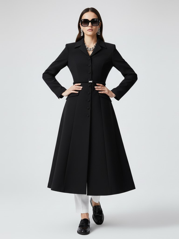 Black Long Tailored Coat With Belt - BOERUM HILL: New Collection COUTURE in BROOKLYN - BYMANYC ® New York