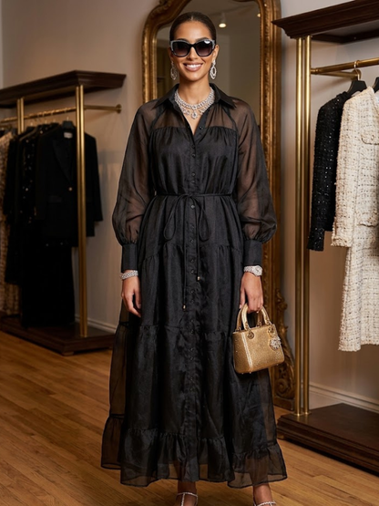 Black Sheer Tiered Maxi Shirt Dress GRAMERCY New Collection FASHION BYMANYC ® New York