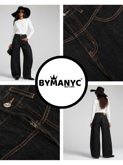 Black Wide-Leg Denim Jeans With Contrast Stitching • BYMANYC ® New York