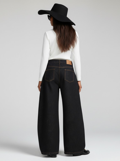 Black Wide-Leg Denim Jeans With Contrast Stitching • BYMANYC ® New York