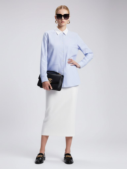 Blue Striped Shirt With Contrast Collar and Double Pockets • BYMANYC ® New York