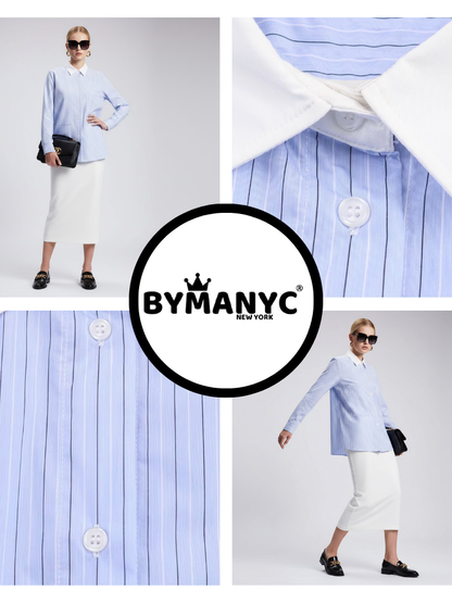 Blue Striped Shirt With Contrast Collar and Double Pockets • BYMANYC ® New York