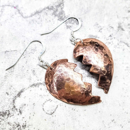 Handmade Sculpted Copper Broken Heart Earrings