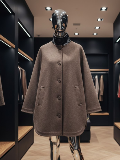 Brown Wool-Blend Jacket With Leather Collar and Egg-Shape Cut • BYMANYC ® New York