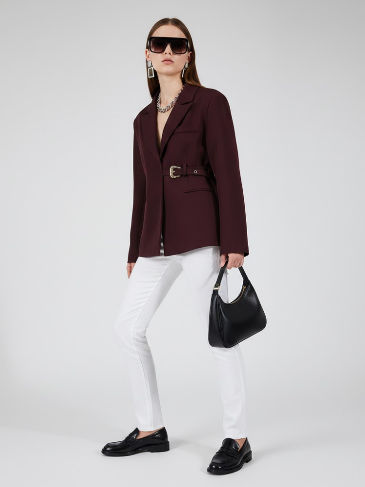 Burgundy Tailored Jacket With Buckle - RED HOOK: New Collection COUTURE in BROOKLYN - BYMANYC ® New York