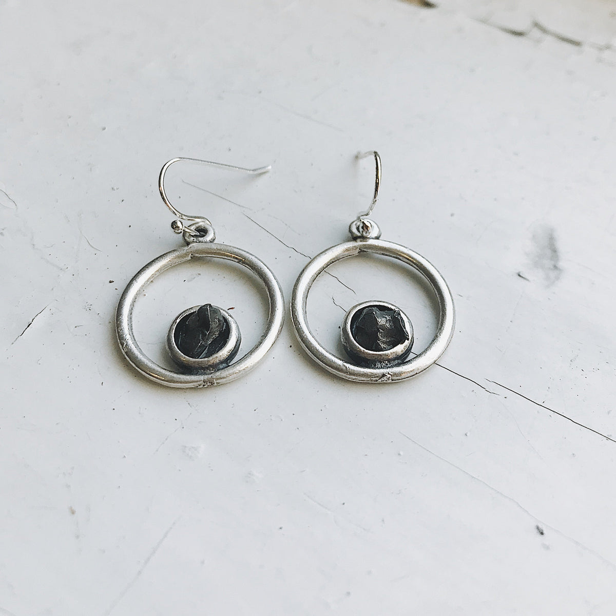 Circle Silver Earrings With Raw Meteorite