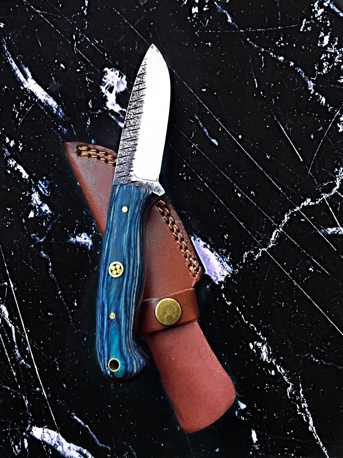 Titan Azura Custom Knife/ Hunting Knife/ Carbon Steel Skinning Knife/ Camping/ Utility Knife With Blue Diamond Wood Handle TC-012
