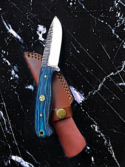 Titan Azura Custom Knife/ Hunting Knife/ Carbon Steel Skinning Knife/ Camping/ Utility Knife With Blue Diamond Wood Handle TC-012