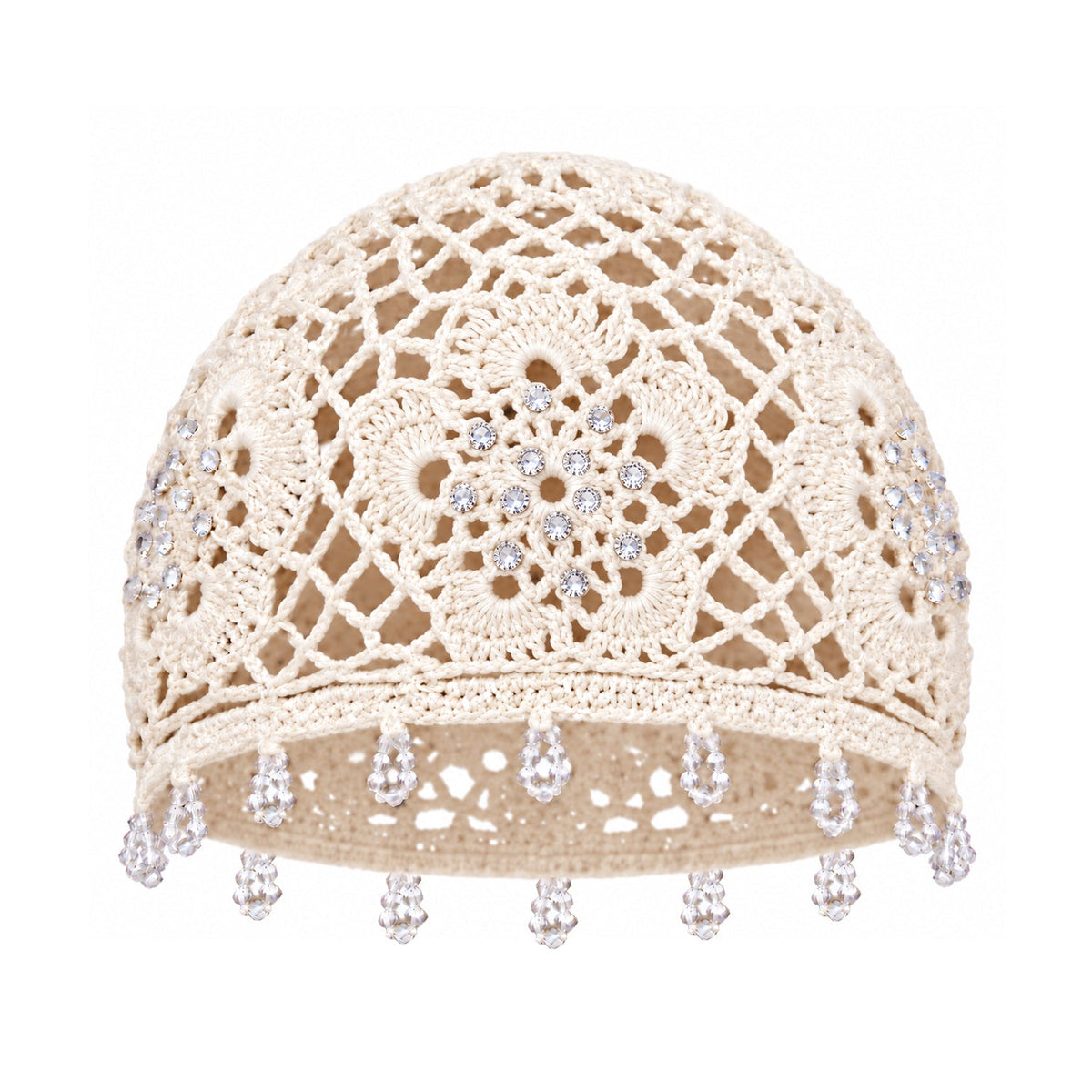 Carna Off-White Crystal-Embellished Crochet Cap