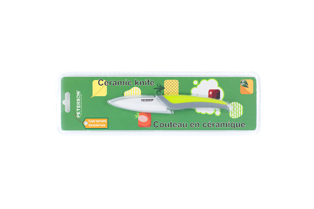 CERAMIC KNIFE: Green+Grey Soft Touch Handle; White Ceramic Blade ... 3" Blade