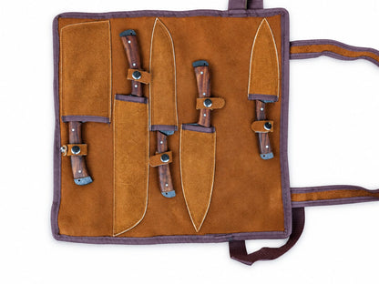Titan "Walnut Tide" Damascus 5-Piece Chef Knife Set | Walnut Wood Handles | Leather Roll Case CK-006