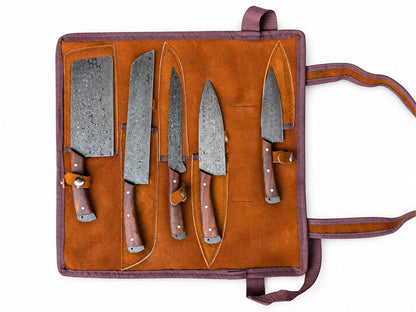 Titan "Walnut Tide" Damascus 5-Piece Chef Knife Set | Walnut Wood Handles | Leather Roll Case CK-006