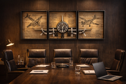 Metallic Vintage Airplane Wall Art With Clock, Set of 3
