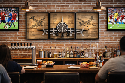 Metallic Vintage Airplane Wall Art With Clock, Set of 3