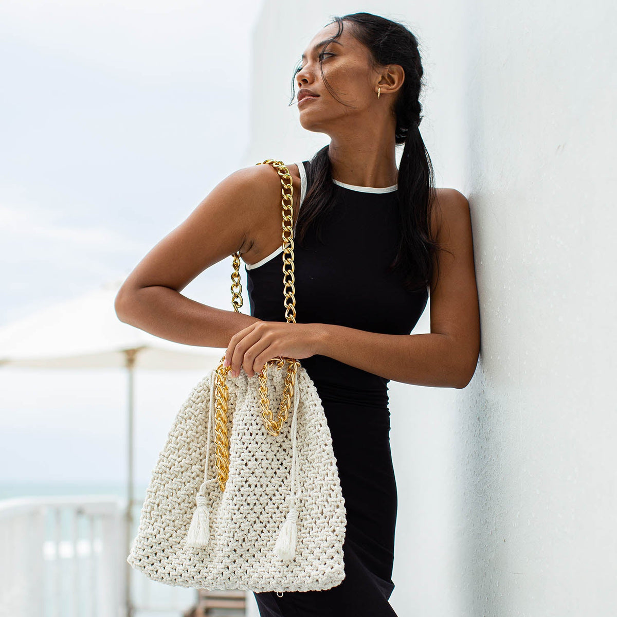 The Colette Macrame Beach Bag in Off-White