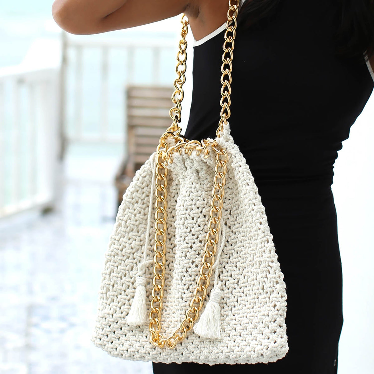 The Colette Macrame Beach Bag in Off-White