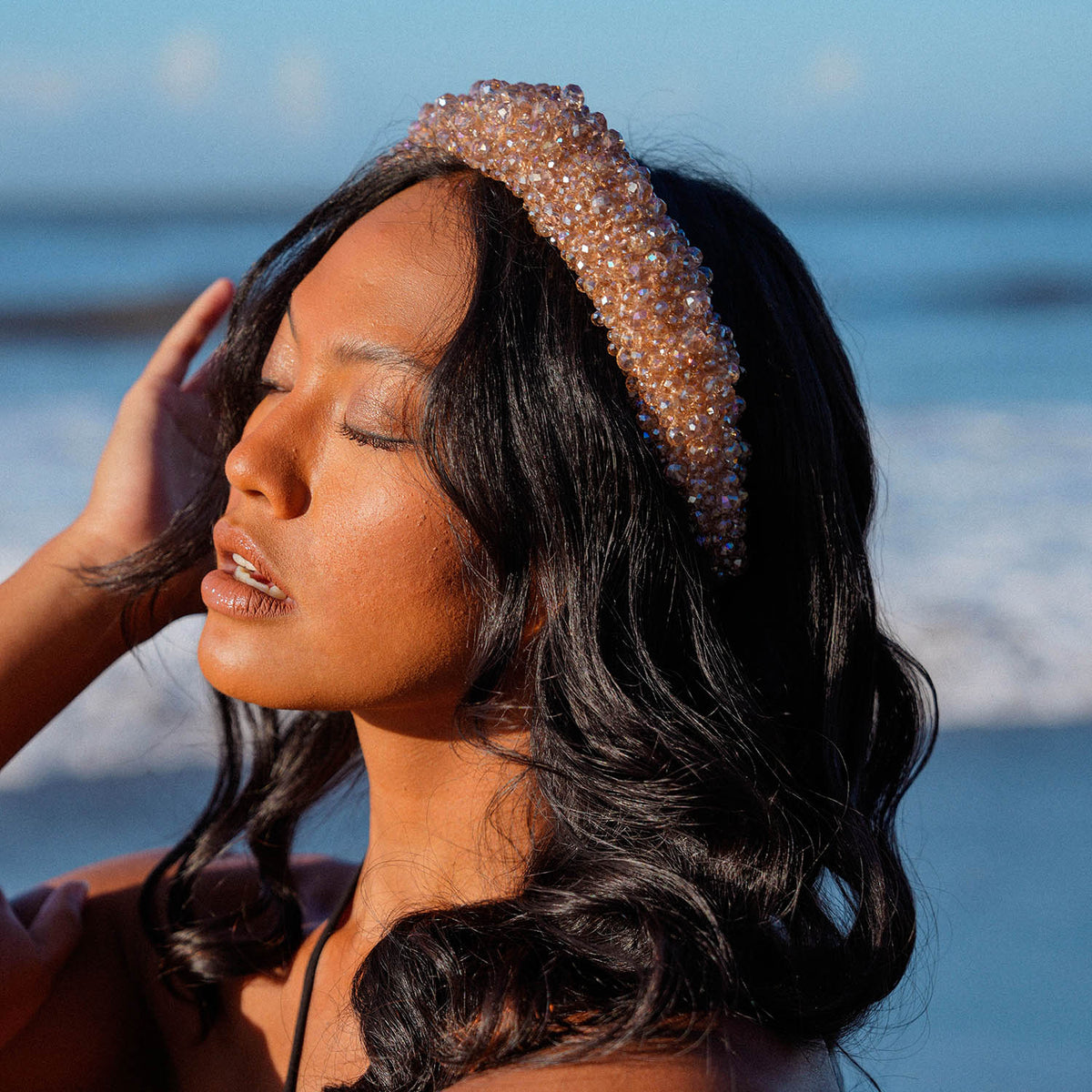 CROWN Glass Crystal Beads Headband in Champagne Beige
