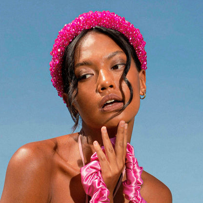 CROWN Glass Crystal Beads Headband in Shocking Pink