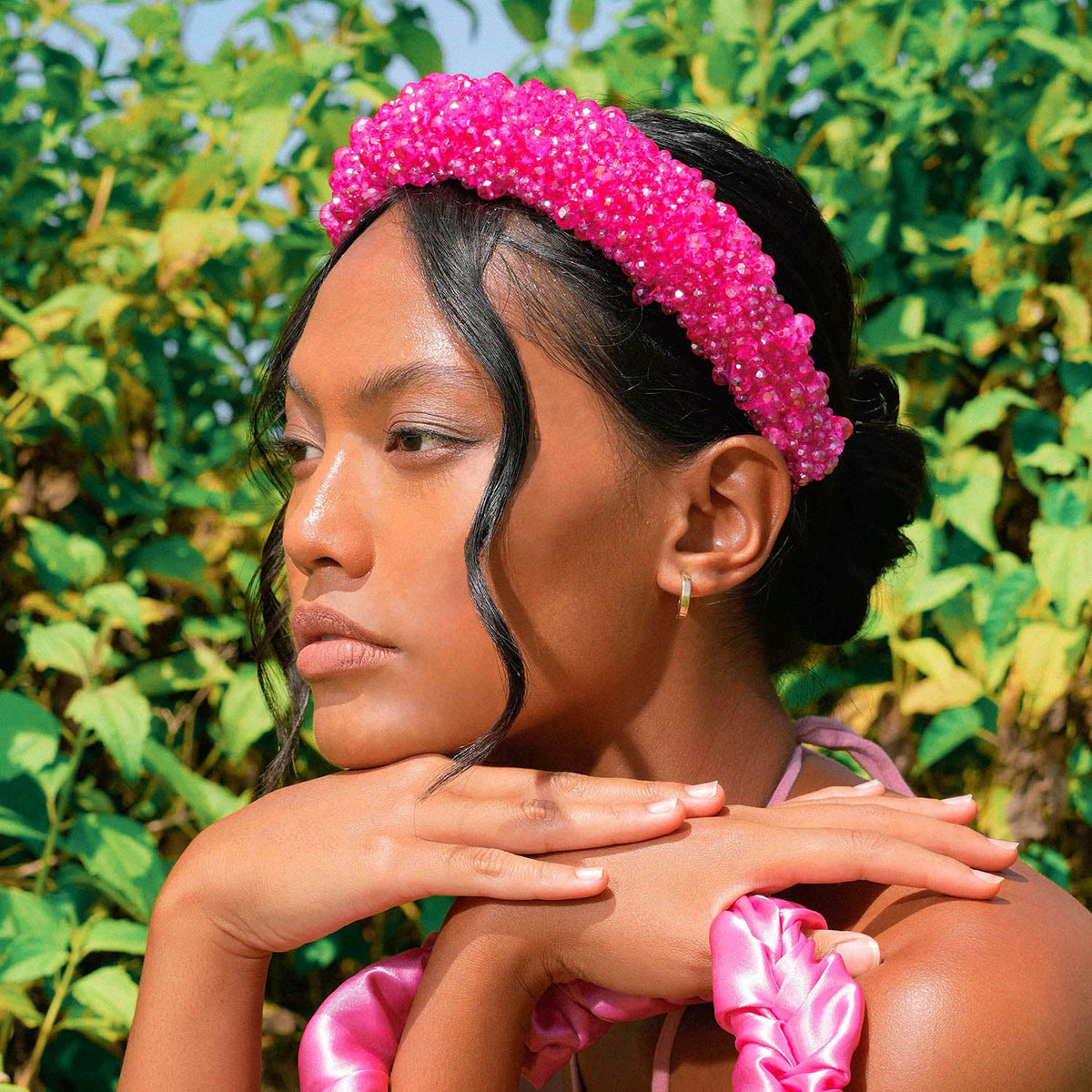 CROWN Glass Crystal Beads Headband in Shocking Pink