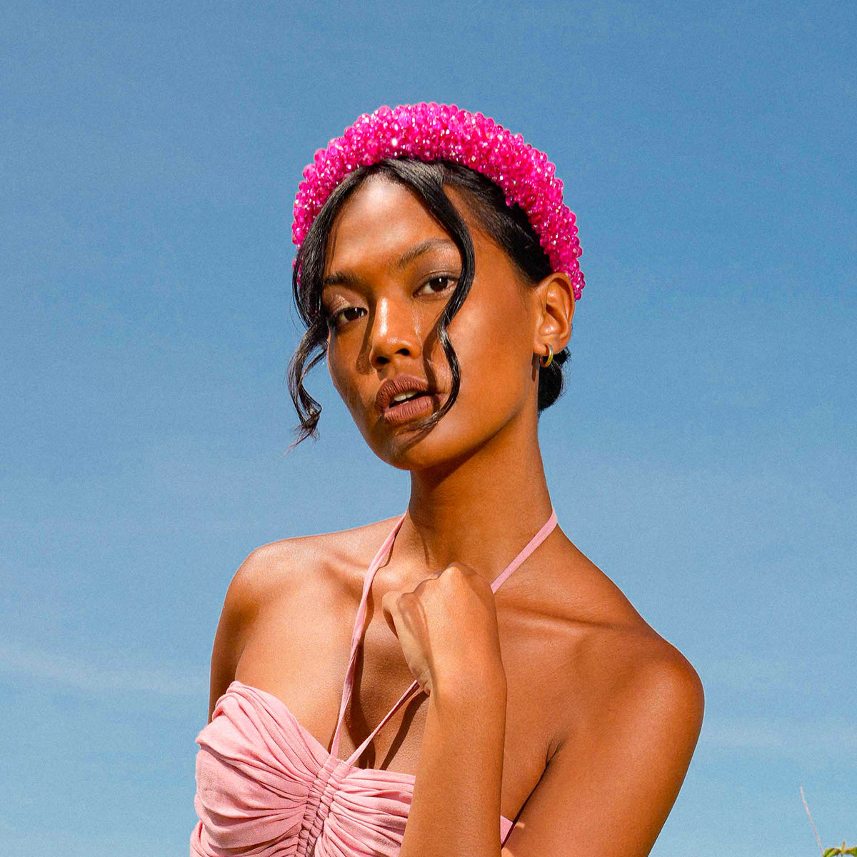 CROWN Glass Crystal Beads Headband in Shocking Pink