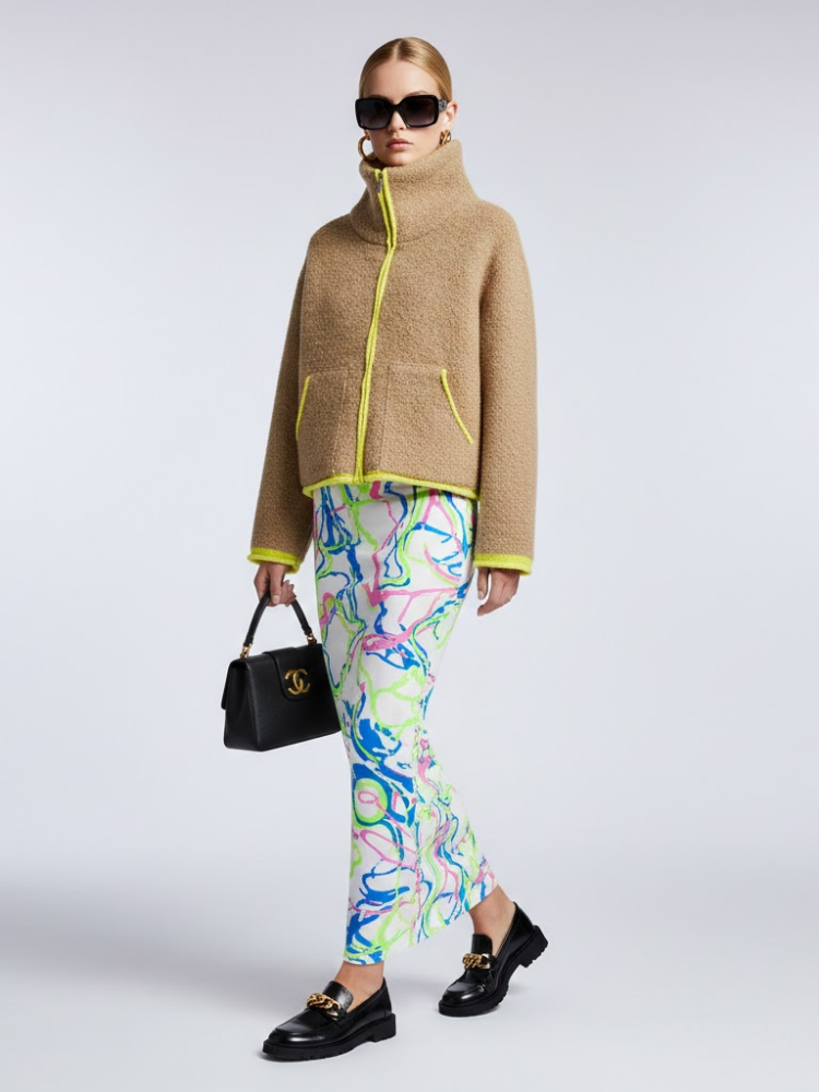 Camel Bouclé Knit Jacket With Neon Trims and Funnel Neck • BYMANYC ® New York