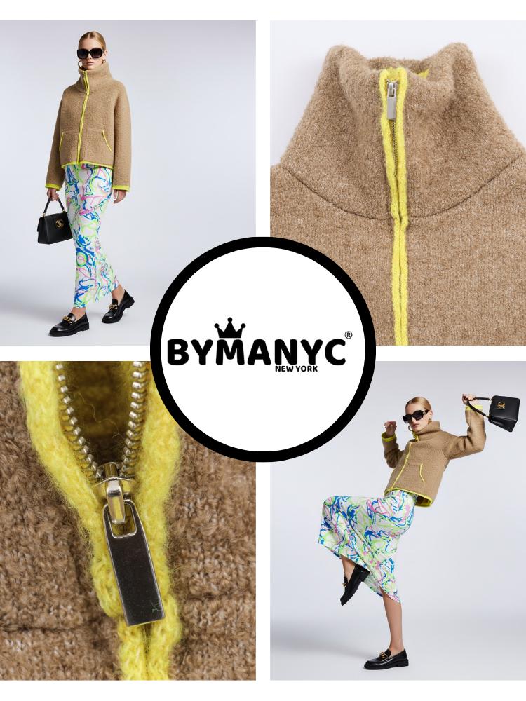 Camel Bouclé Knit Jacket With Neon Trims and Funnel Neck • BYMANYC ® New York