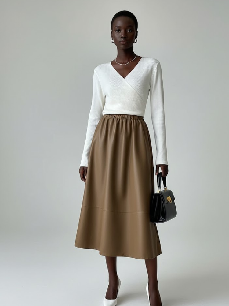 Camel Vegan Leather Midi Skirt LAFAYETTE: New Colección COUTURE in NOLITA - BYMANYC ® New York
