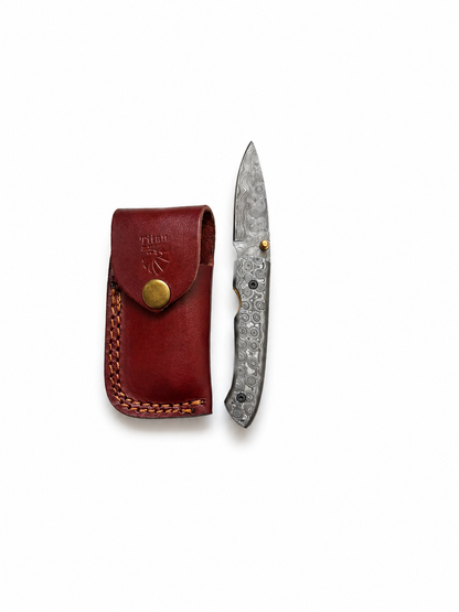 Titan Damascus Folding Knife With Full Damascus Handle & Leather Sheath TFT-107
